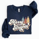 Medium Navy Merry And Bright Colorful Retro Santa Christmas Winter Holiday Festive Sweatshirt