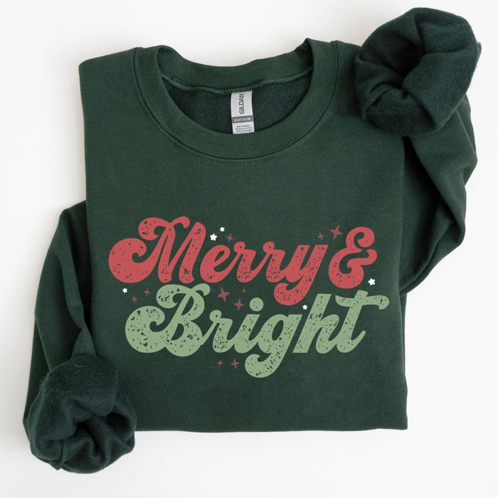 Merry And Bright Christmas Red And Green Holiday Cheer Cozy Fleece Print Sweatshirt