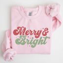 XL Light Pink Merry And Bright Christmas Red And Green Holiday Cheer Cozy Fleece Print Sweatshirt