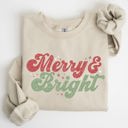 Large Sand Merry And Bright Christmas Red And Green Holiday Cheer Cozy Fleece Print Sweatshirt