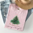 XL Blossom Light Pink Merry And Bright Sleigh And Christmas Tree Winter Scene Holiday Edition Comfort Colors Tee