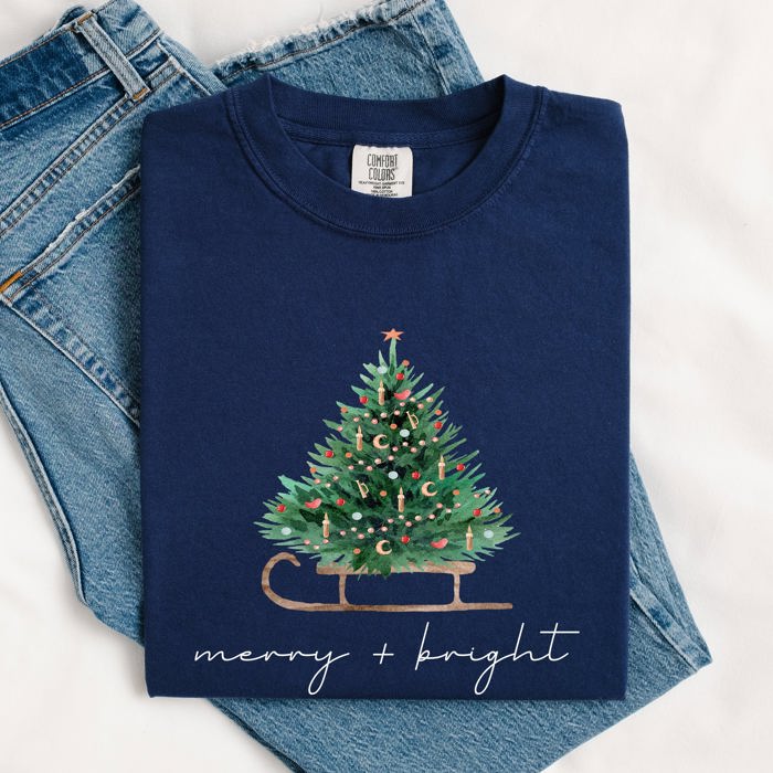 Merry And Bright Sleigh And Christmas Tree Winter Scene Holiday Edition Comfort Colors Tee