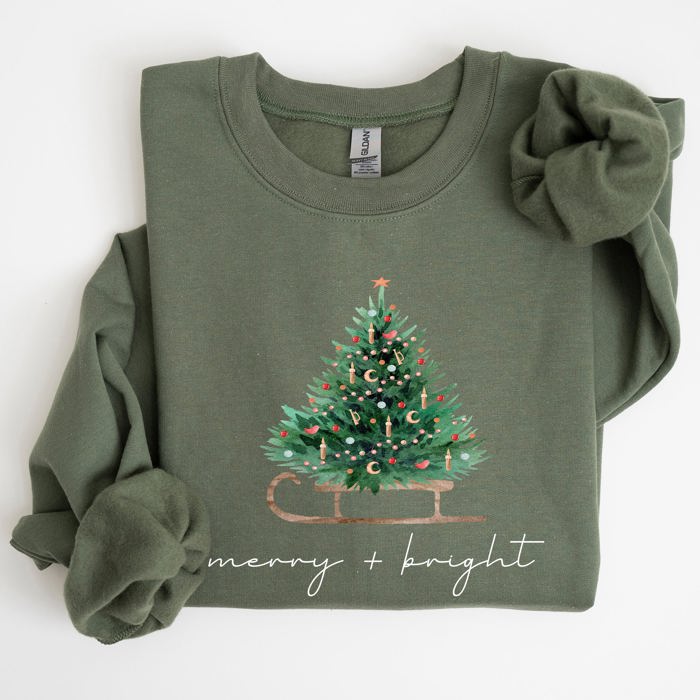 Merry And Bright Holiday Sleigh And Christmas Tree Winter Snow Xmas Scene Sweatshirt
