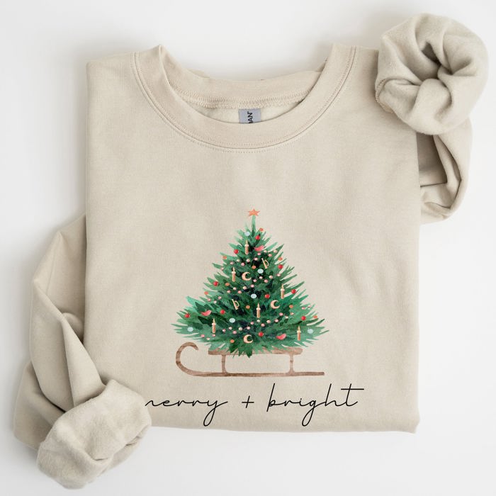 Merry And Bright Holiday Sleigh And Christmas Tree Winter Snow Xmas Scene Sweatshirt