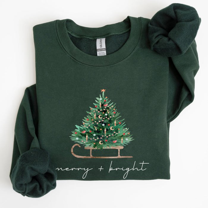Merry And Bright Holiday Sleigh And Christmas Tree Winter Snow Xmas Scene Sweatshirt