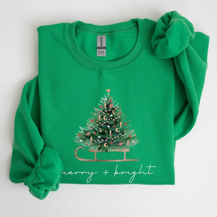 Merry And Bright Holiday Sleigh And Christmas Tree Winter Snow Xmas Scene Sweatshirt