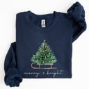 XL Navy Merry And Bright Holiday Sleigh And Christmas Tree Winter Snow Xmas Scene Sweatshirt