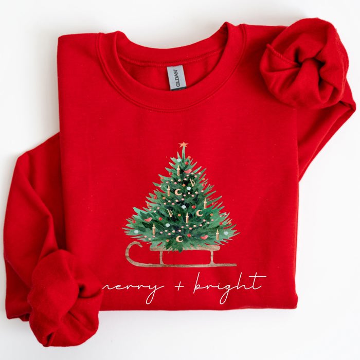 Merry And Bright Holiday Sleigh And Christmas Tree Winter Snow Xmas Scene Sweatshirt