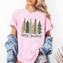 Medium Blossom Light Pink Merry Christmas Trees Festive Winter Scene With Santa And Snow Comfort Colors Tee