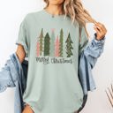 Large Bay Light Sage Merry Christmas Trees Festive Winter Scene With Santa And Snow Comfort Colors Tee