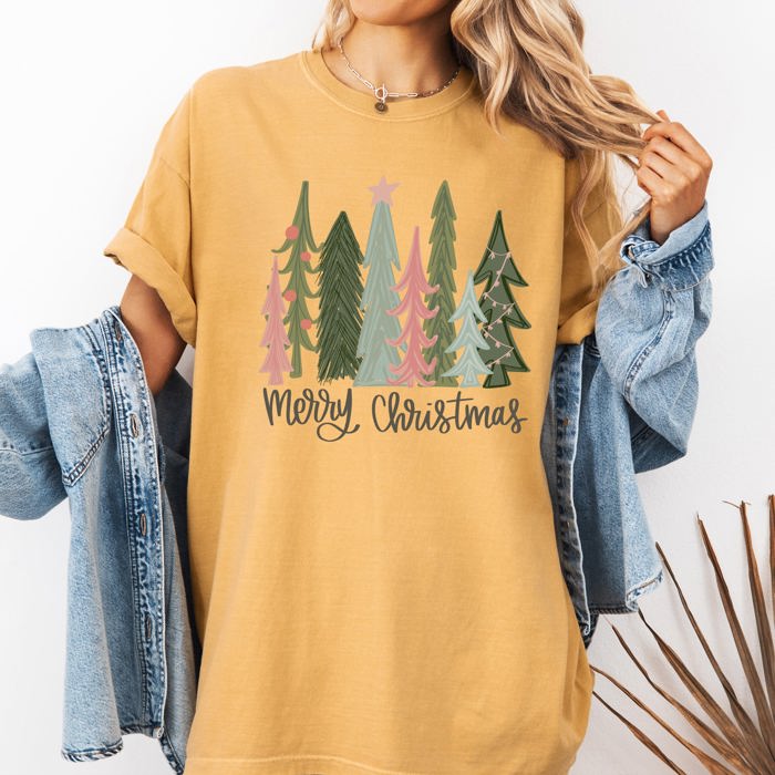 Merry Christmas Trees Festive Winter Scene With Santa And Snow Comfort Colors Tee