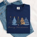 Large Navy Merry Christmas Trees Winter Scene Gold Snow Santa Xmas Holiday Edition Comfort Colors Tee
