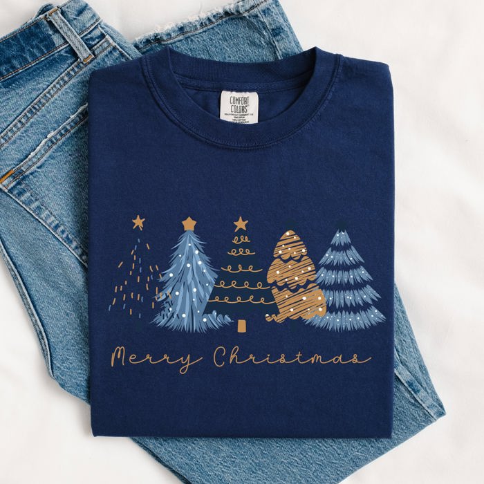 Merry Christmas Trees Winter Scene Gold Snow Santa Xmas Holiday Edition Comfort Colors Tee