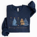 XL Navy Merry Christmas Trees Winter Gold Foil Snow Santa Xmas Festive Holiday Decor Artwork Sweatshirt