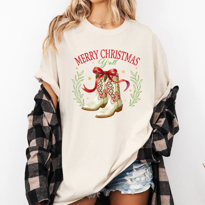 Merry Christmas Y'all Cowboy Boots Ribbon Country Western Snow Xmas Comfort Colors Tee