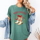 Large Light Green Merry Christmas Y'all Cowboy Boots Ribbon Country Western Snow Xmas Comfort Colors Tee