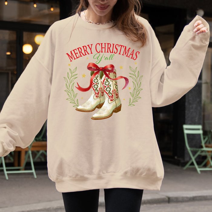 Merry Christmas Y'all Cowboy Boots Ribbon Country Western Snow Xmas Seasonal Sweatshirt