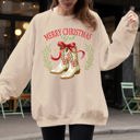 XXL Sand Merry Christmas Y'all Cowboy Boots Ribbon Country Western Snow Xmas Seasonal Sweatshirt