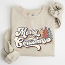 Large Sand Merry Christmas Colorful Retro Santa Claus Graphic Holiday Season Celebration Edition Sweatshirt