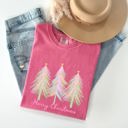 Small Crunchberry Pink Merry Christmas Pastel Trees Winter Santa Xmas Forest Village Scene Comfort Colors Tee