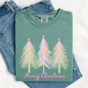 Small Light Green Merry Christmas Pastel Trees Winter Santa Xmas Forest Village Scene Comfort Colors Tee