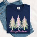 Medium Navy Merry Christmas Pastel Trees Winter Santa Xmas Forest Village Scene Comfort Colors Tee