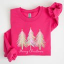 Medium Heliconia Bright Pink Merry Christmas Pastel Trees Winter Santa Xmas Seasonal Festive Cozy Graphic Sweatshirt