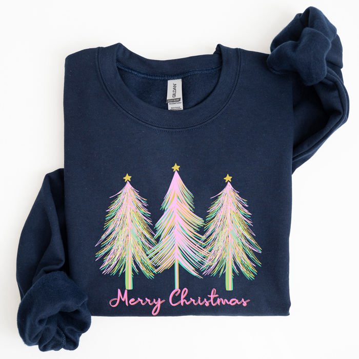 Merry Christmas Pastel Trees Winter Santa Xmas Seasonal Festive Cozy Graphic Sweatshirt