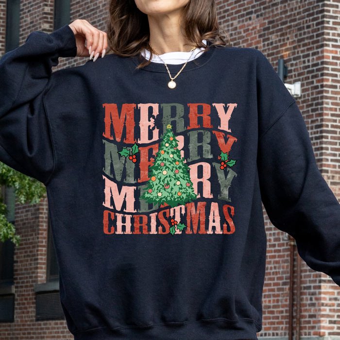 Merry Christmas Retro Tree Holly Santa Winter Xmas Cozy Vintage Holiday Graphic Sweatshirt