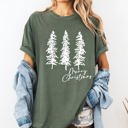 XL Moss Dark Green Merry Christmas Sketched Pine Trees Minimalist Winter Snow Scene Comfort Colors Tee