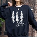 XXXL Black Merry Christmas Sketched Pine Trees Minimalist Winter Snow Xmas Cozy Cotton Blend Sweatshirt