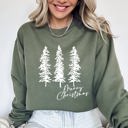 XXL Military Green Merry Christmas Sketched Pine Trees Minimalist Winter Snow Xmas Cozy Cotton Blend Sweatshirt