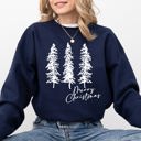 Large Navy Merry Christmas Sketched Pine Trees Minimalist Winter Snow Xmas Cozy Cotton Blend Sweatshirt