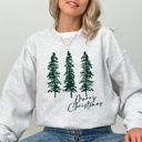 Small Ash Light Gray Merry Christmas Sketched Pine Trees Minimalist Winter Snow Xmas Cozy Cotton Blend Sweatshirt