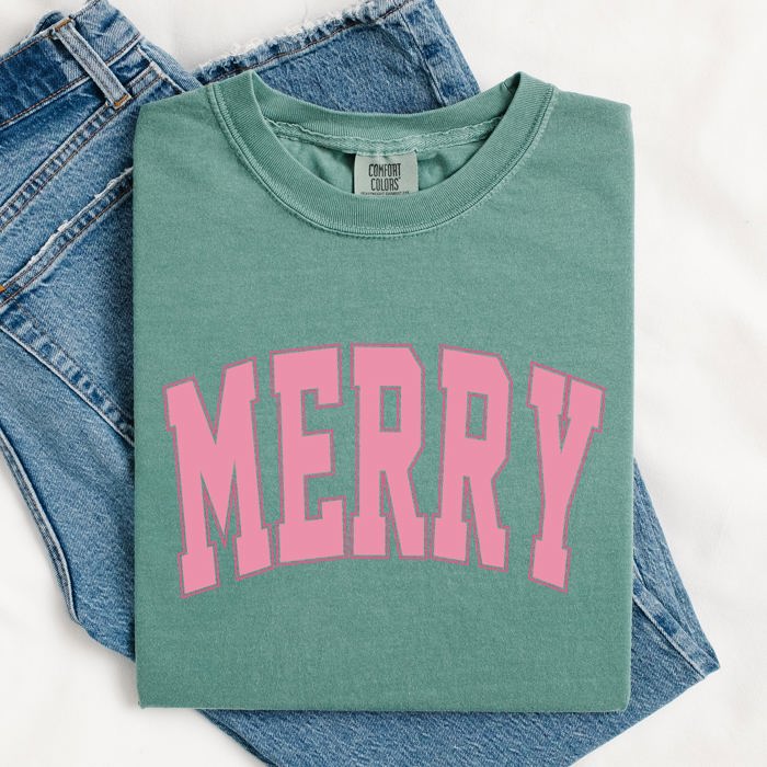 Merry Varsity Collegiate Christmas Santa Winter Xmas Vintage Style Heritage Collection Comfort Colors Tee