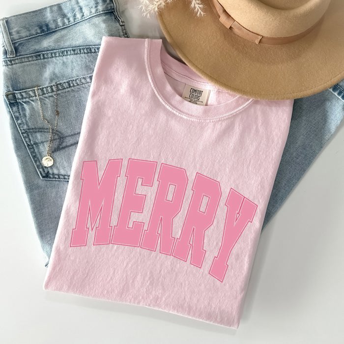 Merry Varsity Collegiate Christmas Santa Winter Xmas Vintage Style Heritage Collection Comfort Colors Tee