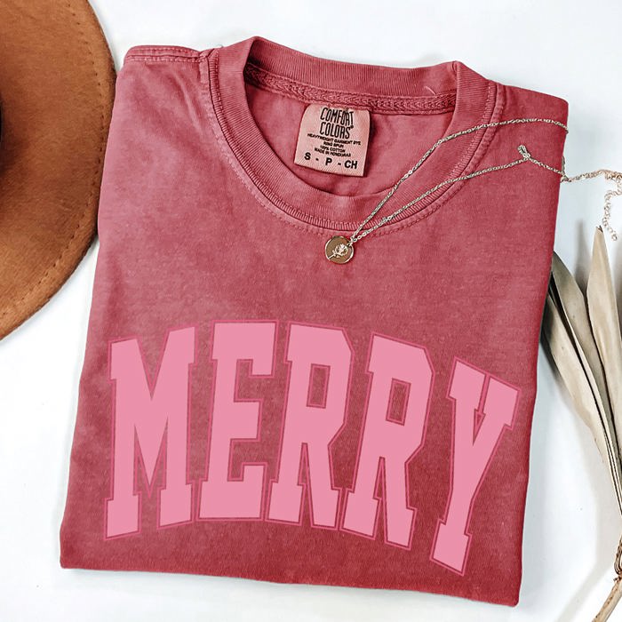 Merry Varsity Collegiate Christmas Santa Winter Xmas Vintage Style Heritage Collection Comfort Colors Tee