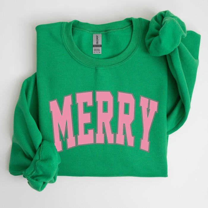 Merry Varsity Collegiate Christmas Santa Winter Xmas Holiday Seasonal Graphic Sweatshirt