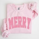 Large Light Pink Merry Varsity Collegiate Christmas Santa Winter Xmas Holiday Seasonal Graphic Sweatshirt