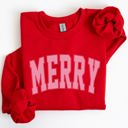 Large Red Merry Varsity Collegiate Christmas Santa Winter Xmas Holiday Seasonal Graphic Sweatshirt