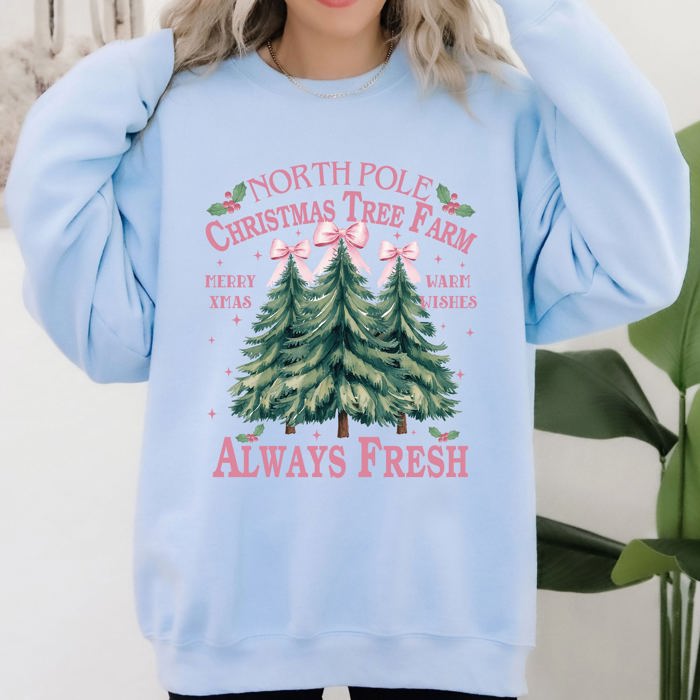 North Pole Christmas Tree Farm Winter Santa Snow Xmas Scene Artwork Cozy Holiday Landscape Sweatshirt
