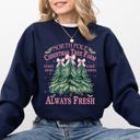 XL Navy North Pole Christmas Tree Farm Winter Santa Snow Xmas Scene Artwork Cozy Holiday Landscape Sweatshirt