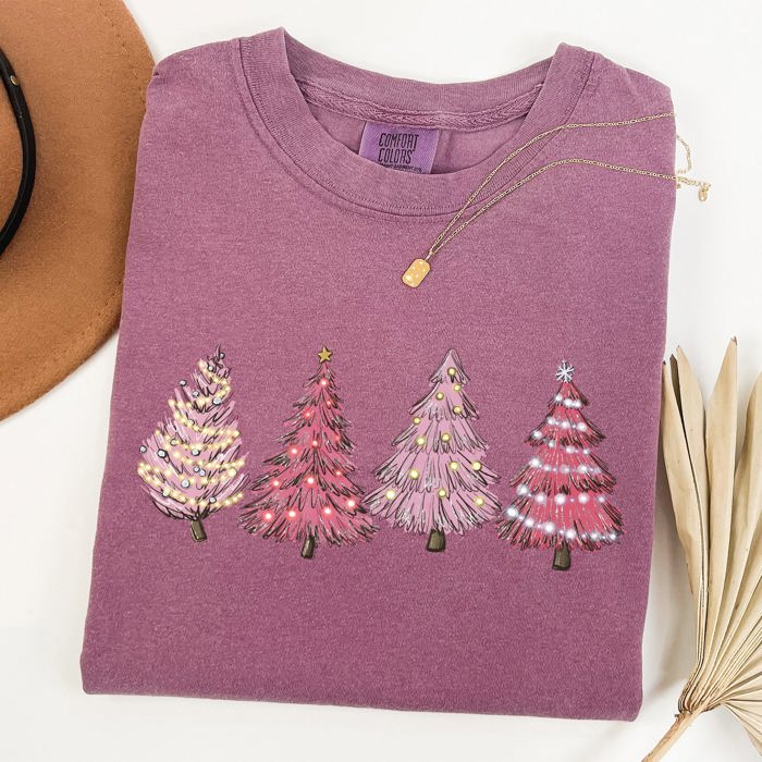 Pink Christmas Trees Santa Winter Snow Holiday Scene Illustration With Vintage Charm Comfort Colors Tee