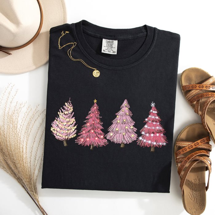 Pink Christmas Trees Santa Winter Snow Holiday Scene Illustration With Vintage Charm Comfort Colors Tee
