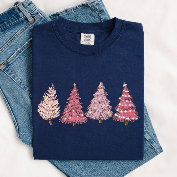 Pink Christmas Trees Santa Winter Snow Holiday Scene Illustration With Vintage Charm Comfort Colors Tee