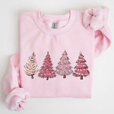 Pink Christmas Trees Winter Snow Santa Festive Seasonal Illustration With Cozy Winter Vibes Sweatshirt