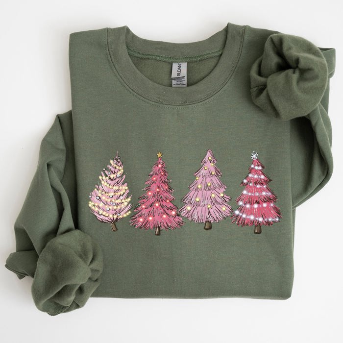 Pink Christmas Trees Winter Snow Santa Festive Seasonal Illustration With Cozy Winter Vibes Sweatshirt