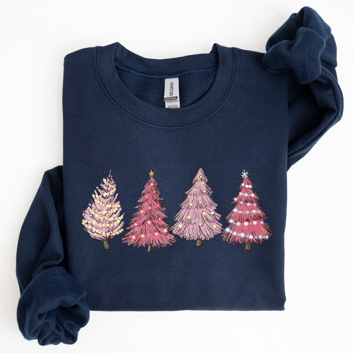 Pink Christmas Trees Winter Snow Santa Festive Seasonal Illustration With Cozy Winter Vibes Sweatshirt
