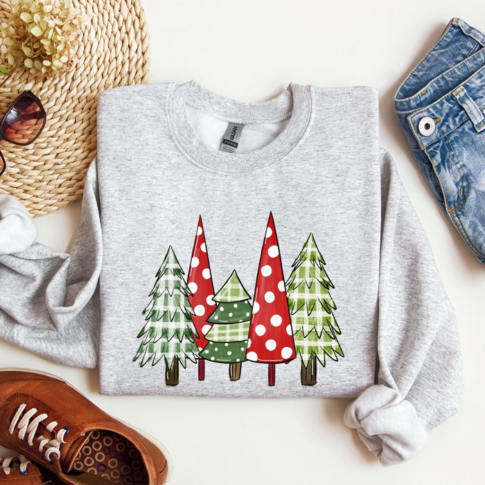 Retro Christmas Trees Winter Snow Santa Vintage Holiday Scenic Print Cozy Sweatshirt