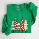Large Irish Bright Green Retro Christmas Trees Winter Snow Santa Vintage Holiday Scenic Print Cozy Sweatshirt